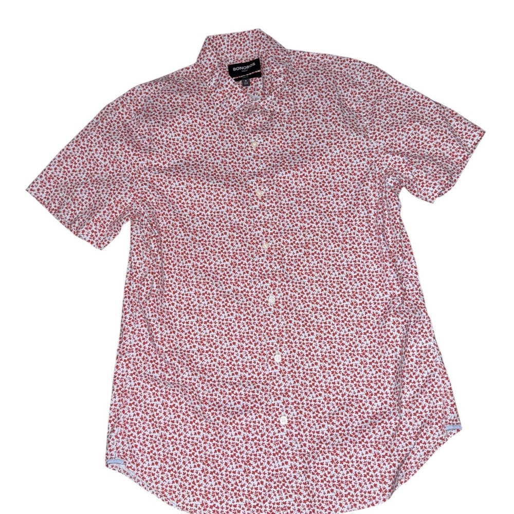 BONOBOS Riviera Slim Fit Stretch Print Short Sleeve Red & Blue Button-up Medium